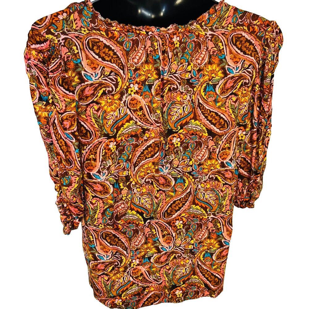 Democracy Peasant Blouse Women's L Brown Paisley V-Neck Bubble Half Sleeves - Picture 5 of 10
